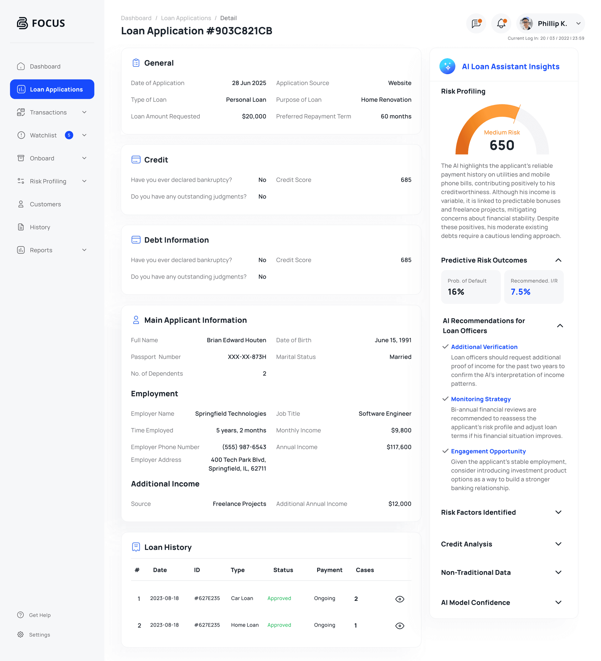 Loan Management Page with AI-Generated Insights